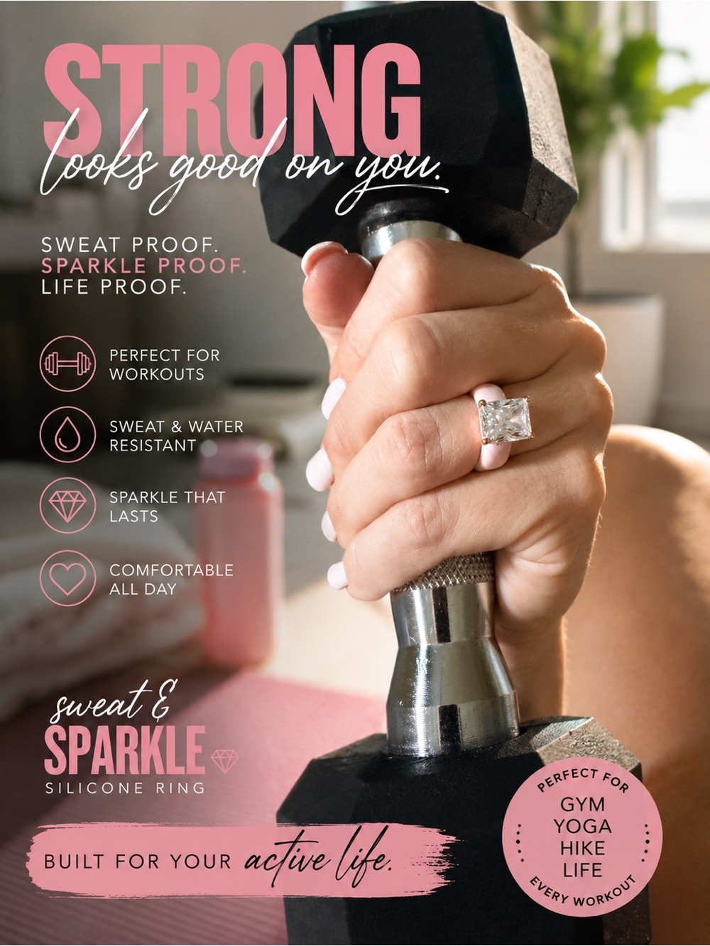 Silicone CZ Rings in Pink With Rose Gold Prong Size 7.
